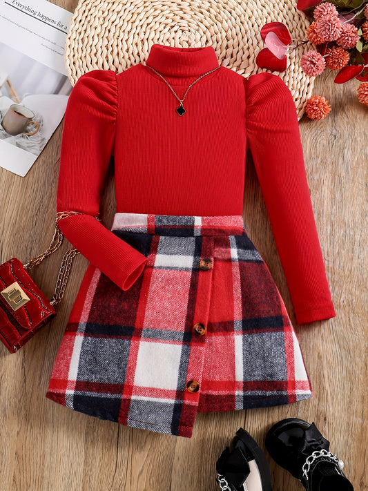2-teiliges elegantes Mädchen-Outfit, Rollkragenoberteil und Rock mit Karomuster