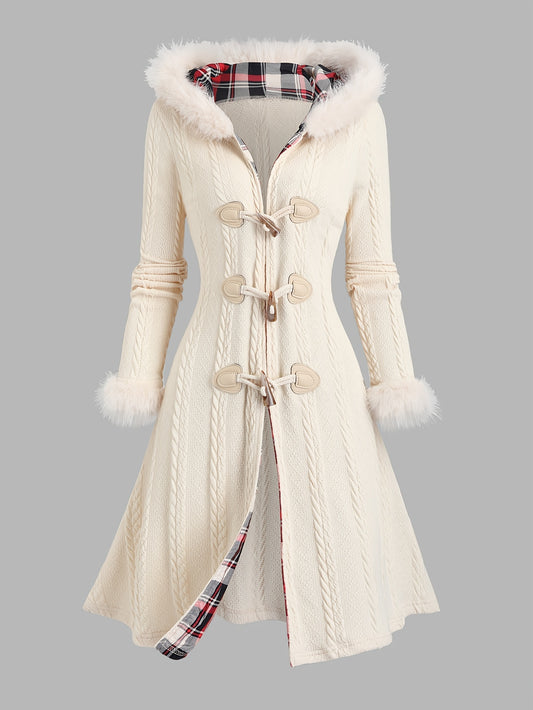 Damen-Strickmantel im Y2K-Stil mit Kapuze mit Kunstpelzbesatz, Herbst Winter