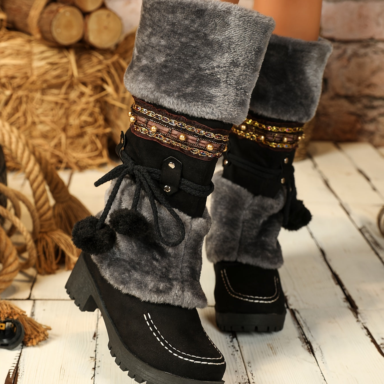 Retro-Schneestiefel für Damen, Stiefel mit Fleece-Pom-Pom-Dekor
