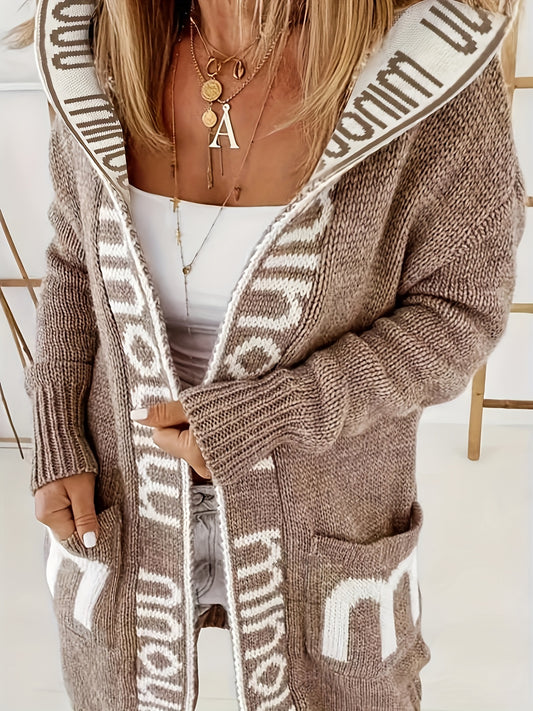 Strickjacke mit Wasserfallkragen, Langarmpullover mit Kapuze und Taschen