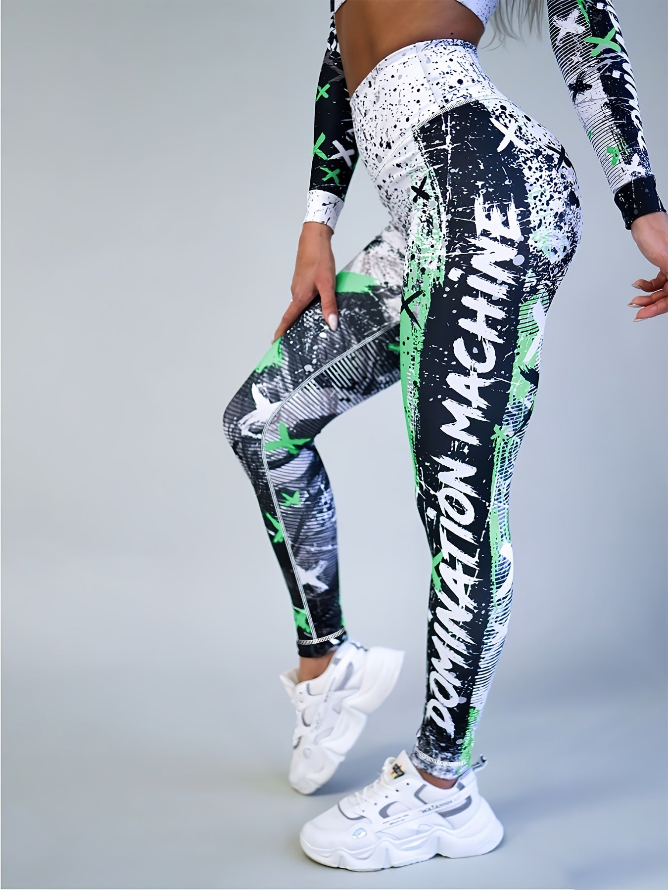 Yoga-Sport-Leggings mit hoher Taille, Farbblock-Graffiti-Design, Po-Lifting