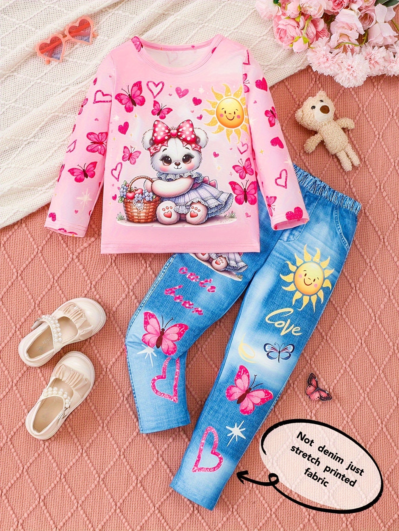 2-teiliges Outfit-Set für Mädchen – Langarmoberteil und Leggings (Jeansimitat)