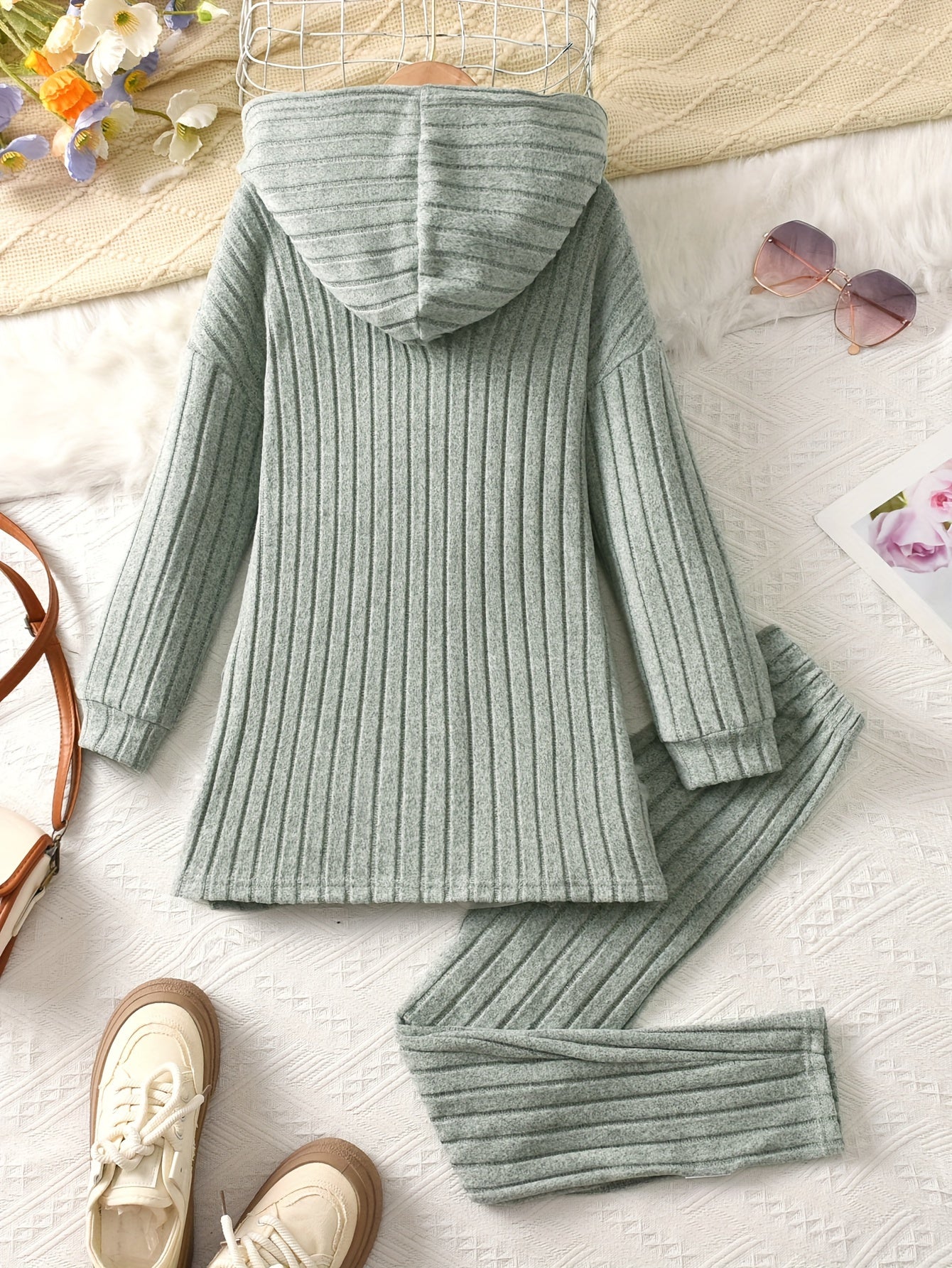 2-teiliges Set für Mädchen, Langarm-Kapuzenpullover und dehnbare Hose