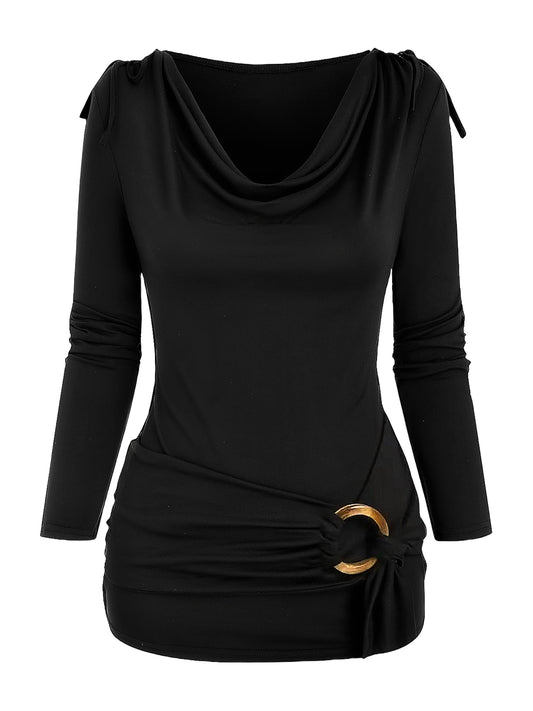 Gerüschtes Top mit Wasserfallausschnitt und Ringdekor, Damenmode