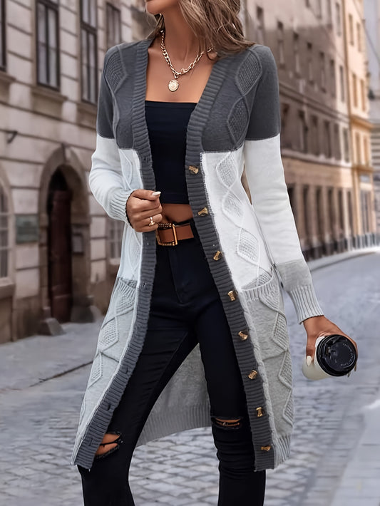 Strickjacke mit Knopfleiste, lässiger Langarm-Longline-Pullover mit Tasche