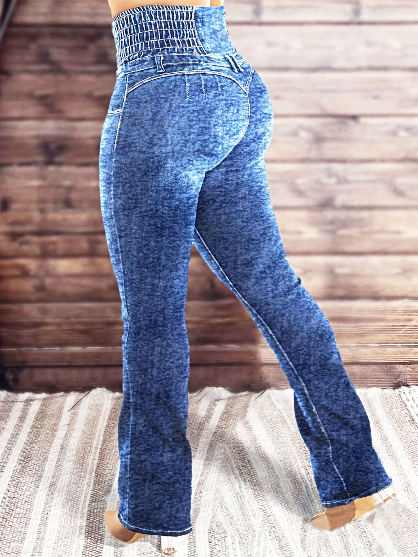 Stretch-Jeans mit hoher Taille und hohem Bund und mehreren Taschen Spandex