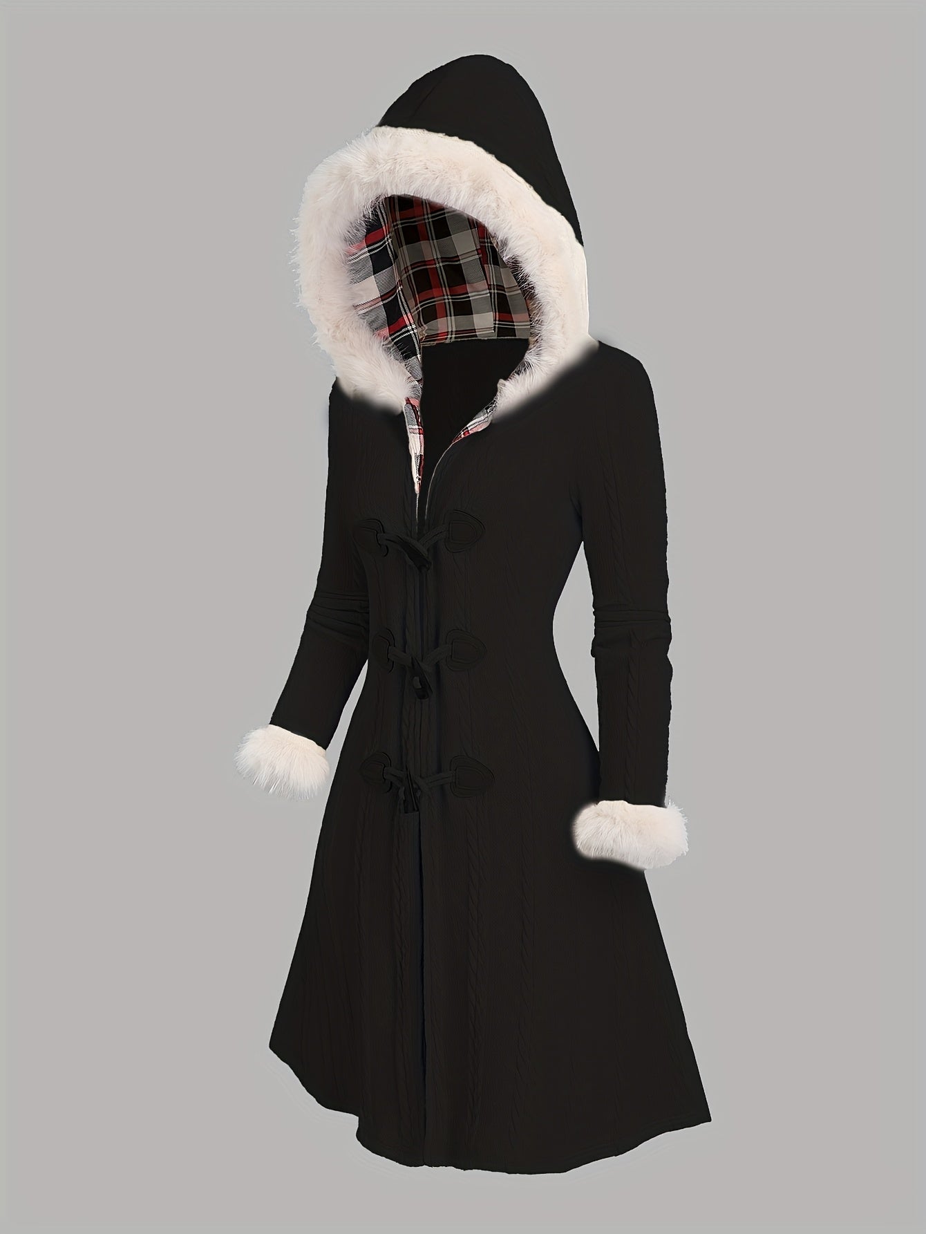 Damen-Strickmantel im Y2K-Stil mit Kapuze mit Kunstpelzbesatz, Herbst Winter