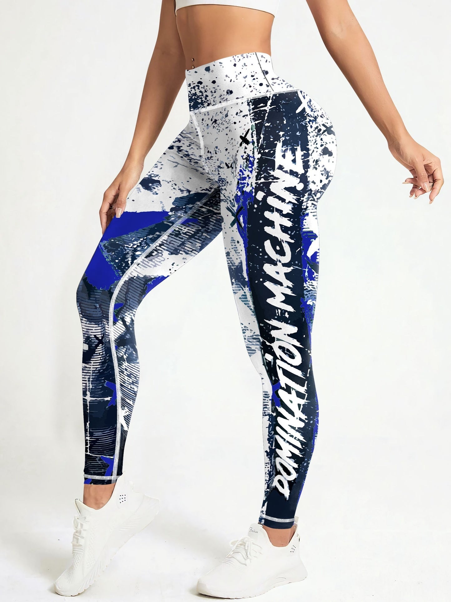 Yoga-Sport-Leggings mit hoher Taille, Farbblock-Graffiti-Design, Po-Lifting