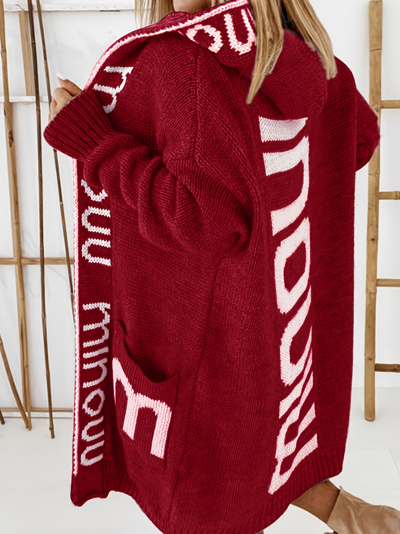 Strickjacke mit Wasserfallkragen, Langarmpullover mit Kapuze und Taschen
