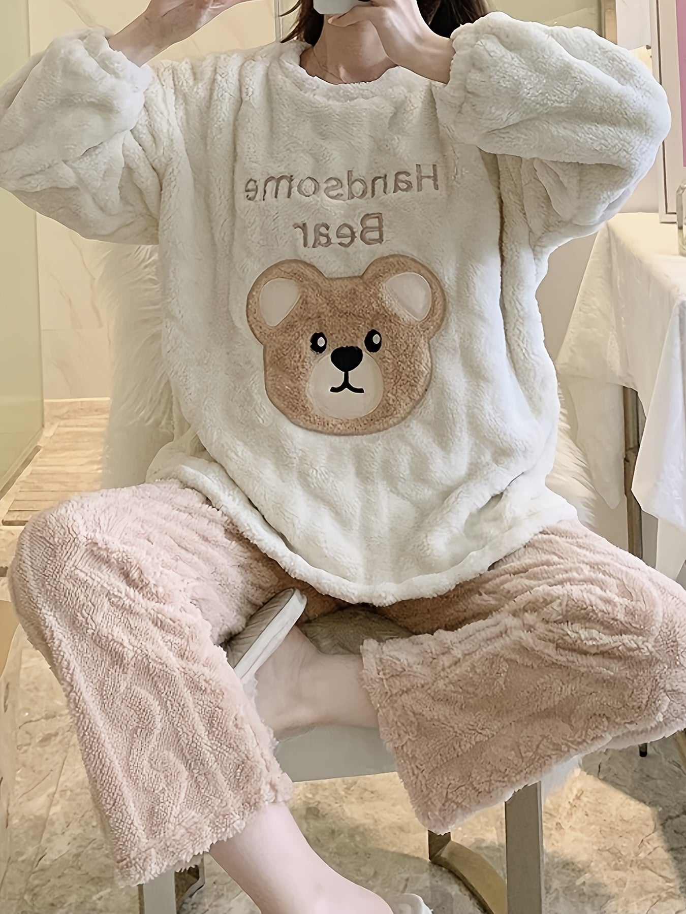 Gemütliches und süßes Fleece-Pyjama-Set mit Bärenmotiv für Teenager Mädchen