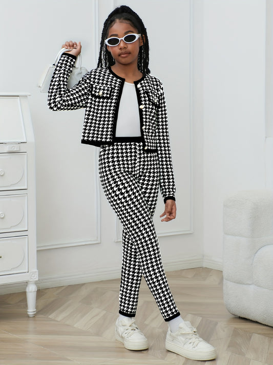 Mädchen-Set aus Jacke und Hose aus Tweed, gefüttert mit Polyesterfleece