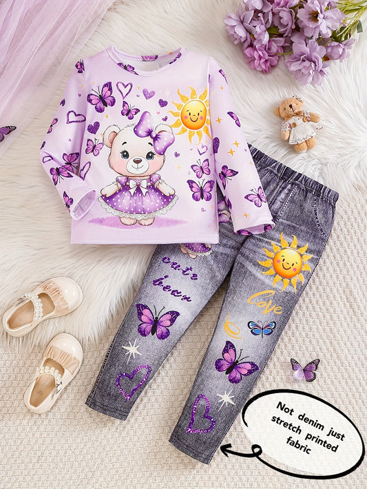 2-teiliges Outfit-Set für Mädchen – Langarmoberteil und Leggings (Jeansimitat)