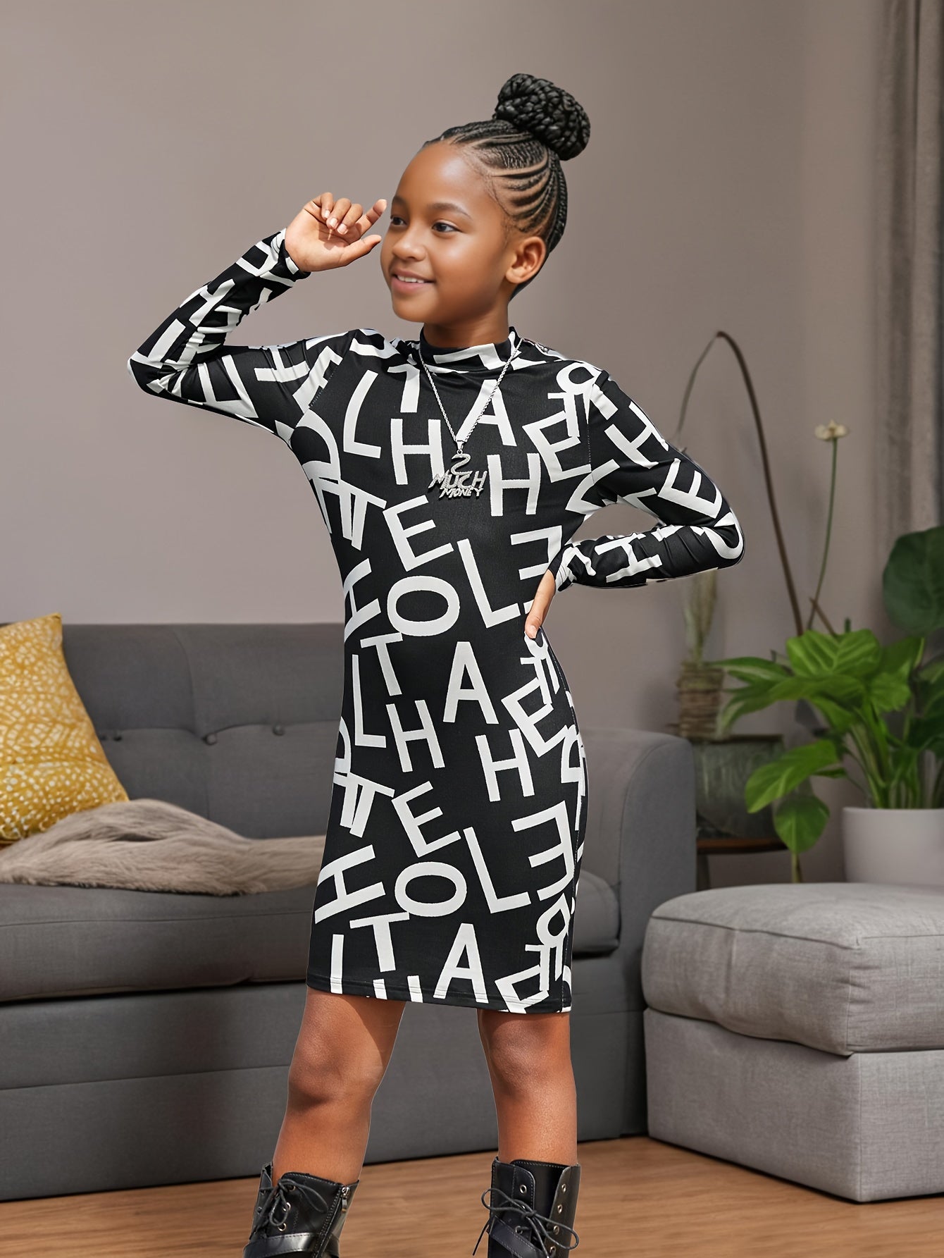 Modisches langärmliges Kleid mit Buchstabenmuster für Mädchen