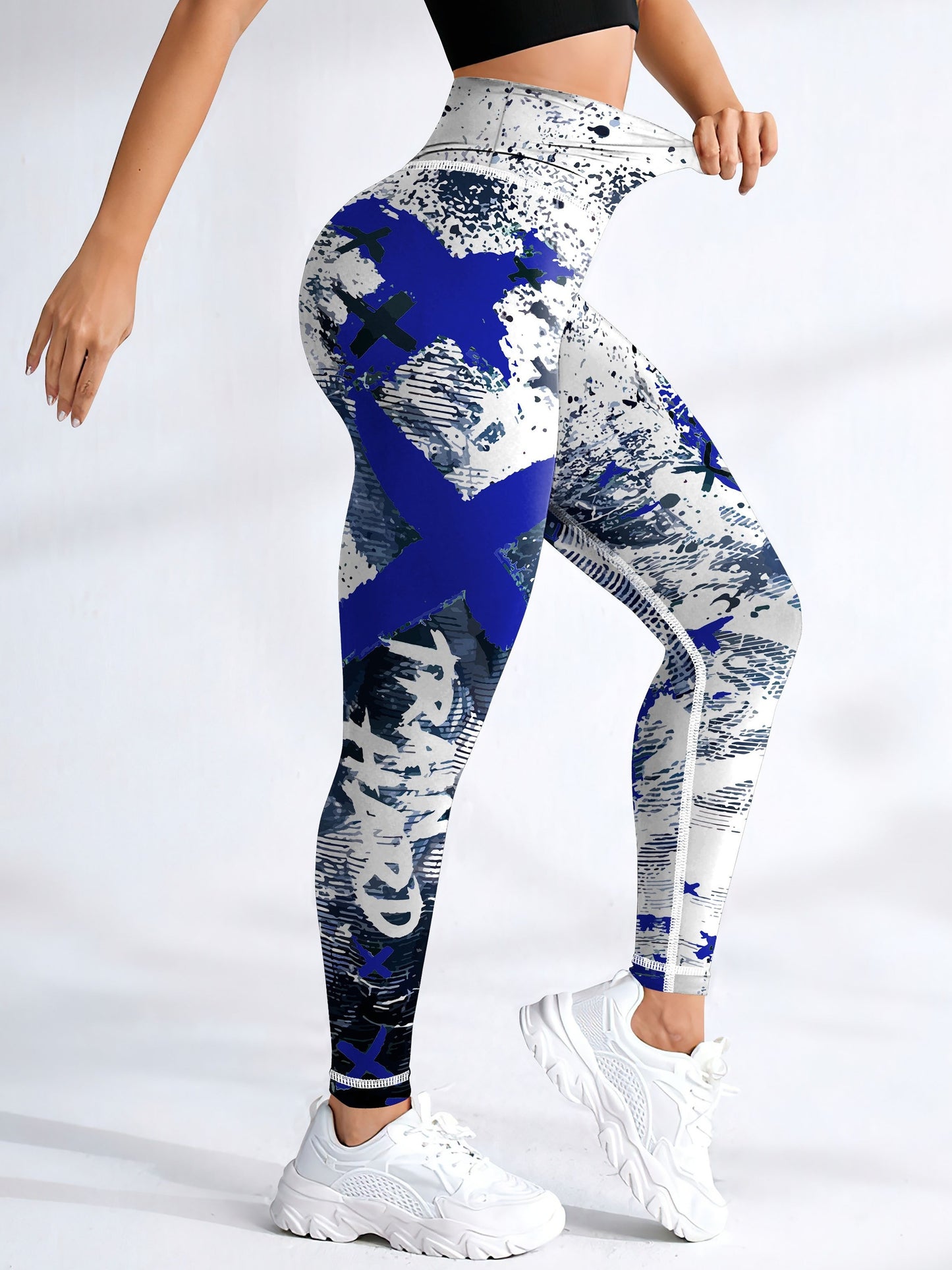 Yoga-Sport-Leggings mit hoher Taille, Farbblock-Graffiti-Design, Po-Lifting