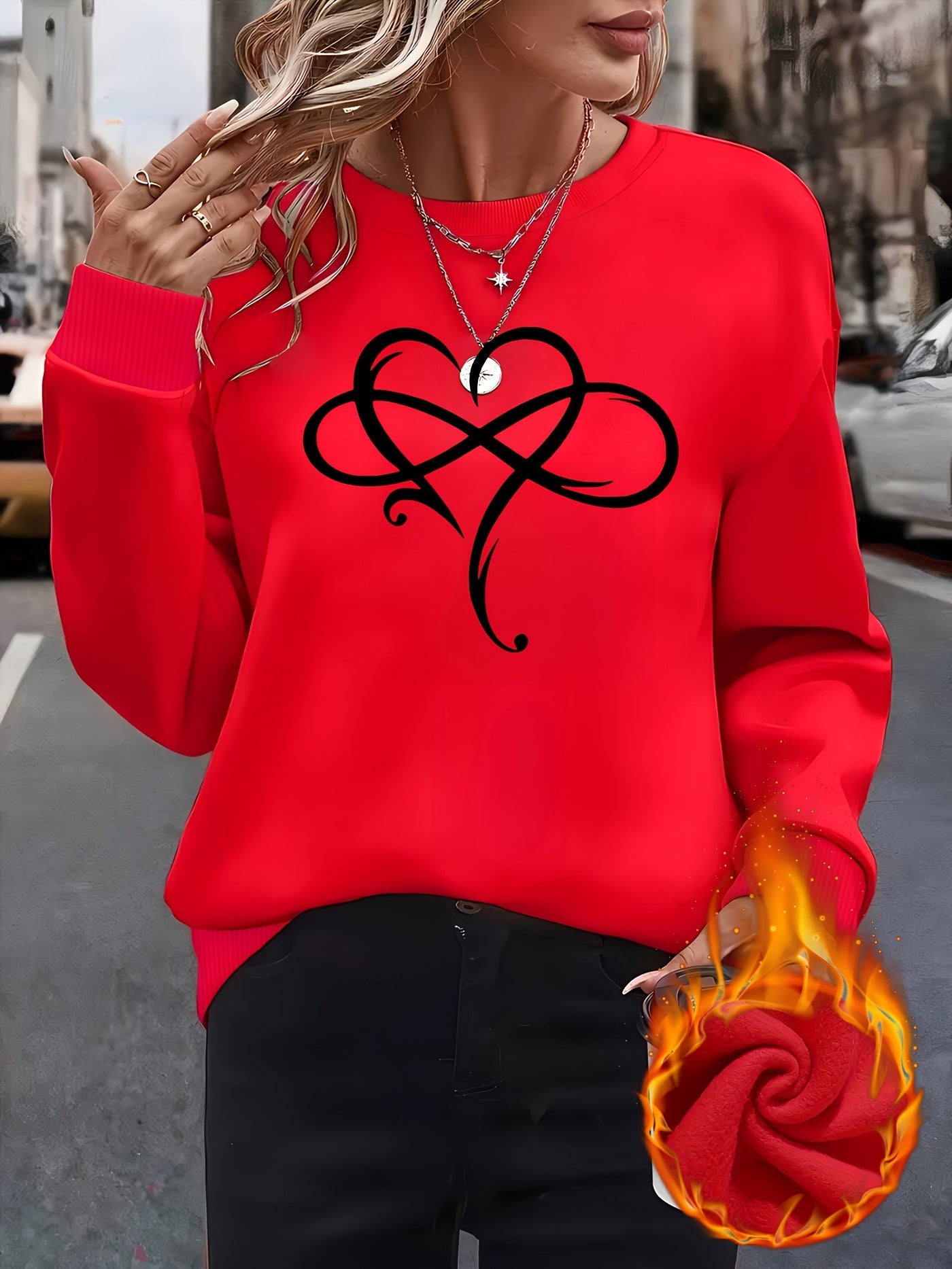 Elegantes Rundhals-Sweatshirt für Damen mit kreativem Herz-Design