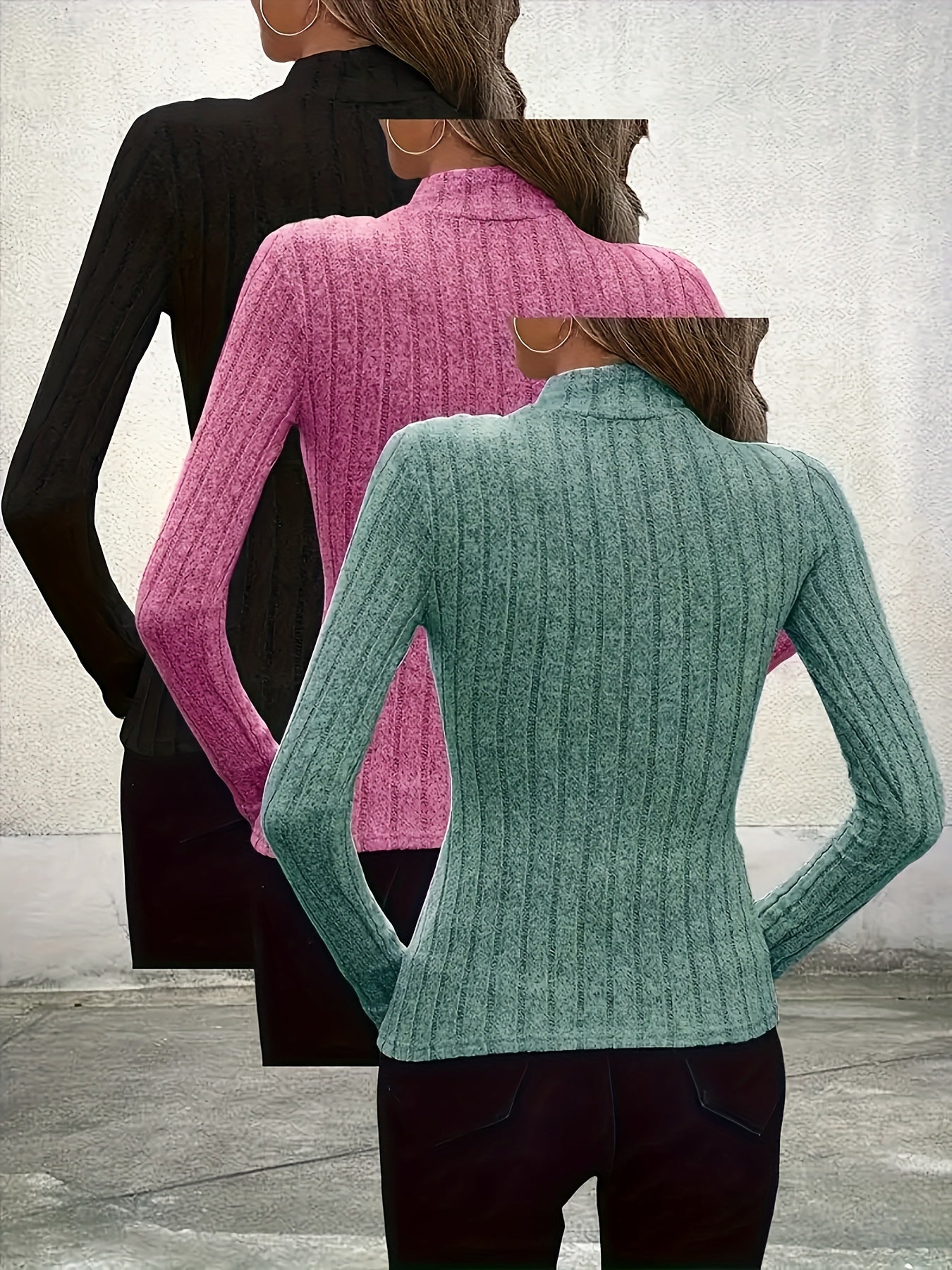 3er-Pack elegante Langarm-Shirts mit hohem Kragen für Damen