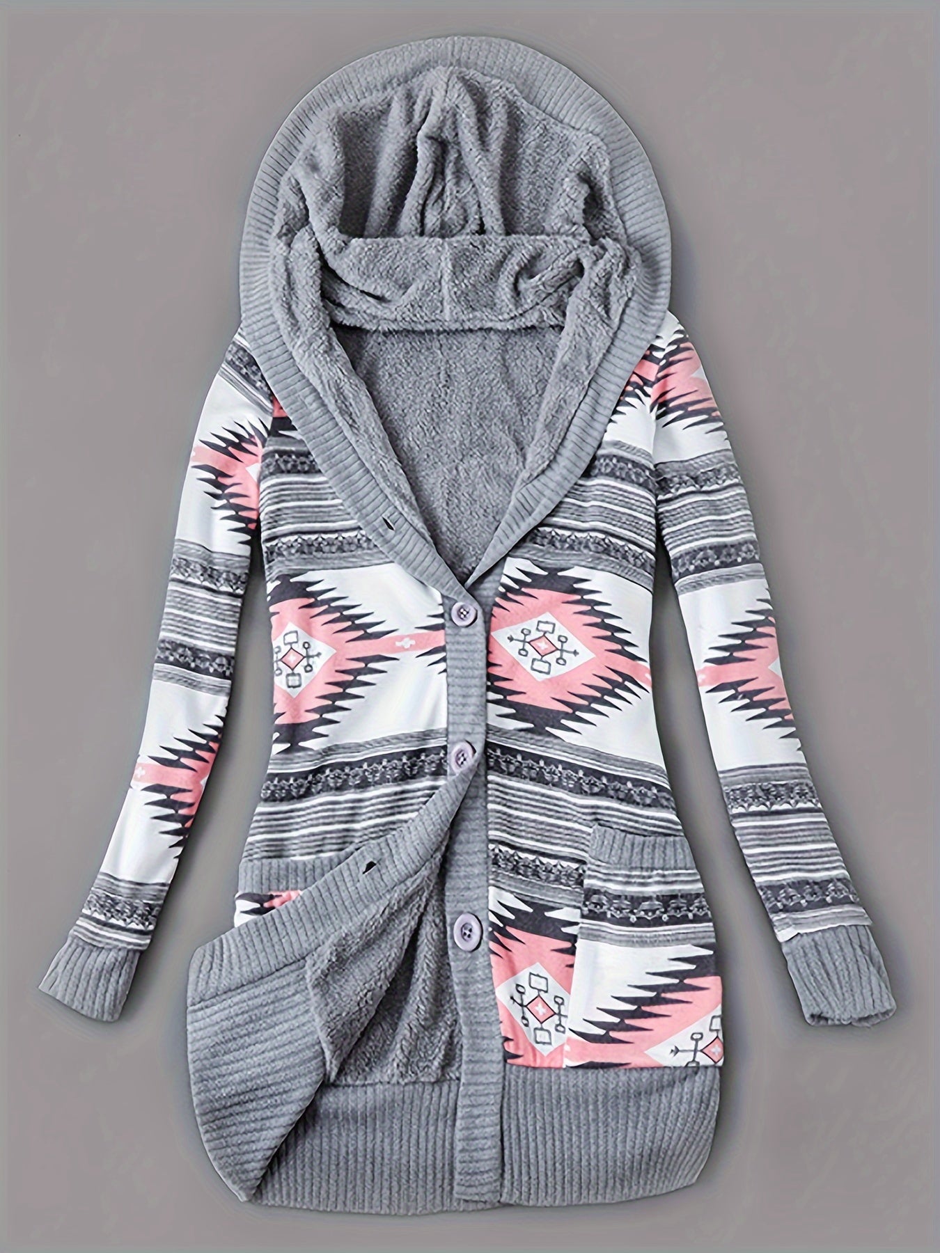 Kapuzenpullover mit Knopfleiste vorne und Geo-Print, lässiger, langärmeliger Cardigan