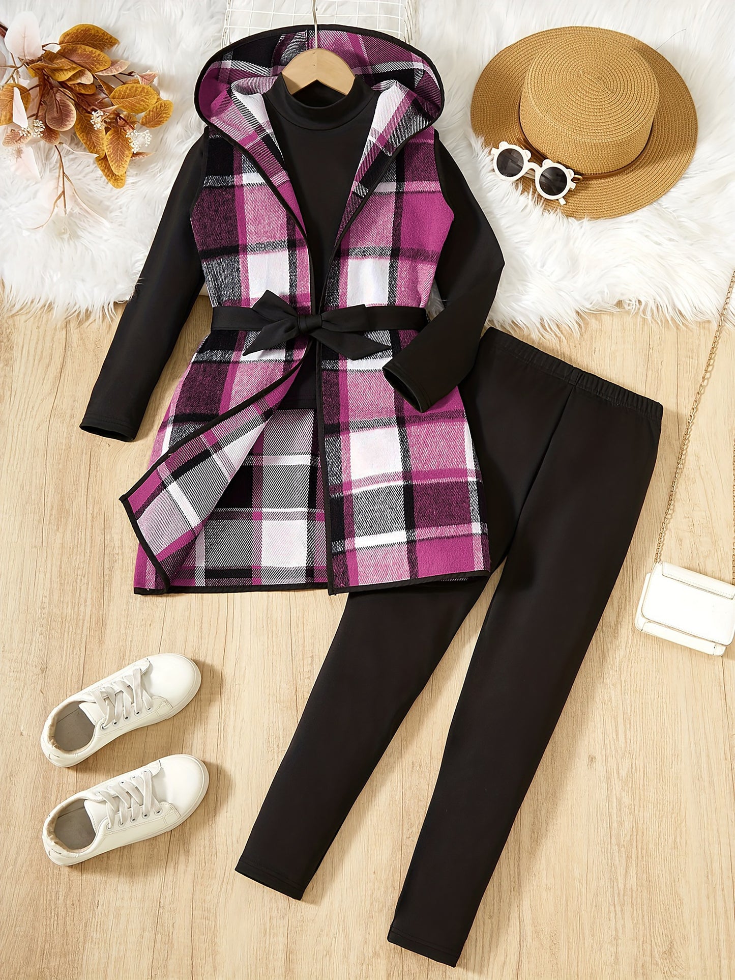 3-teiliges Mädchen-Set, elegante karierte Kapuzenweste + Langarmpullover + Hose