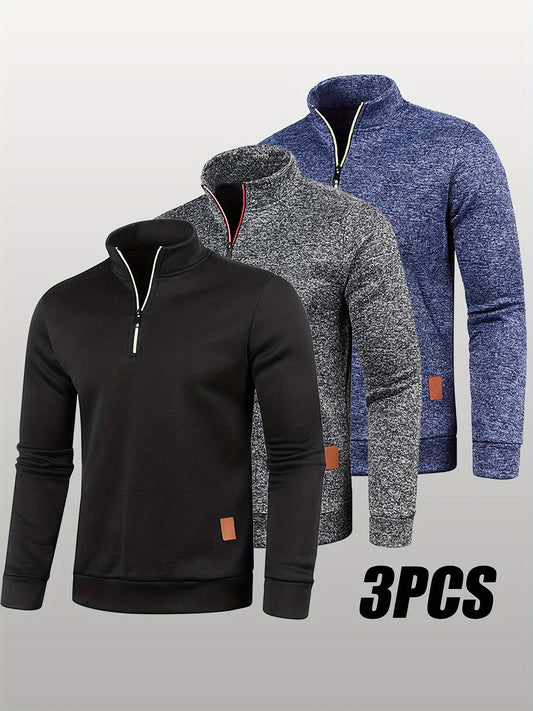 3er-Pack Pullover-Sweatshirts Set für Herren – mit Kragen und Reißverschluss