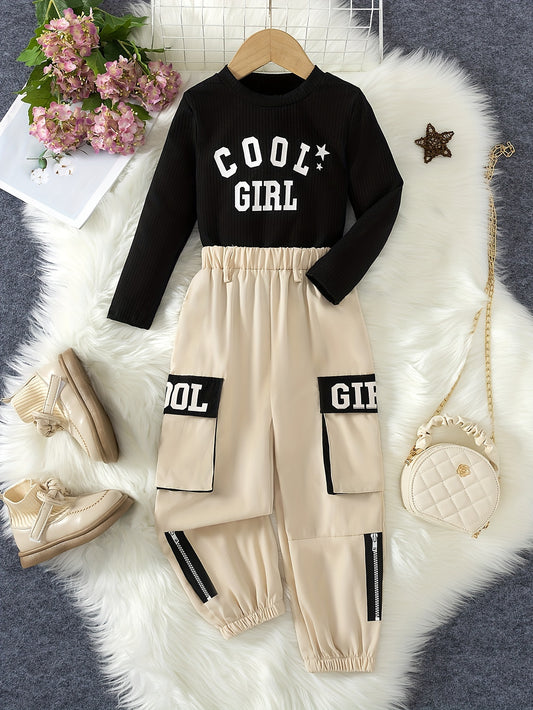 2-teiliges Set für Mädchen, modisches, Langarm-Oberteil + stylische Cargohose