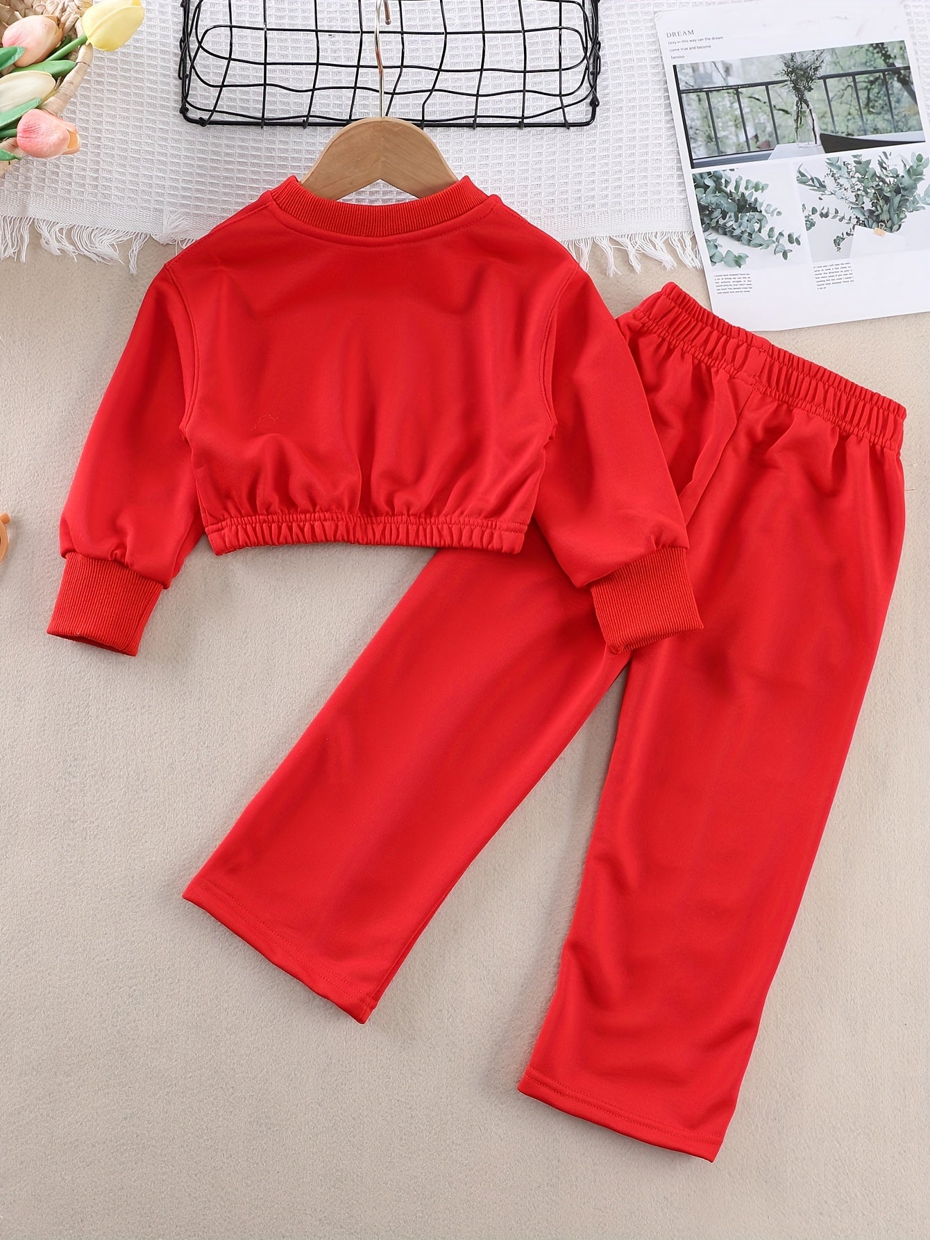 Einfarbige Outfits für Mädchen, 2-teilig, Pullover  + Hose mit weitem Bein