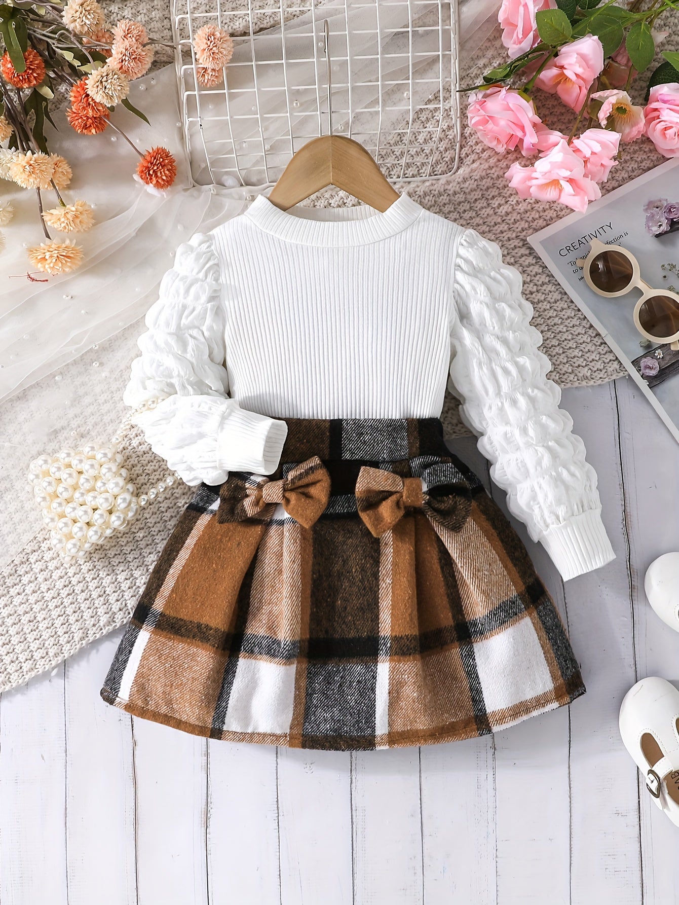 2-teiliges Set mit Puffärmeln, Oberteil und kariertem Rock – Winter-/Herbst Mädchen