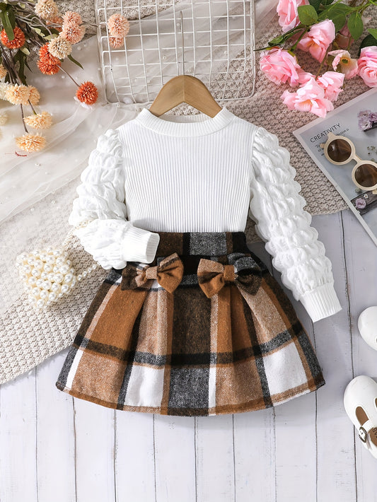2-teiliges Set mit Puffärmeln, Oberteil und kariertem Rock – Winter-/Herbst Mädchen