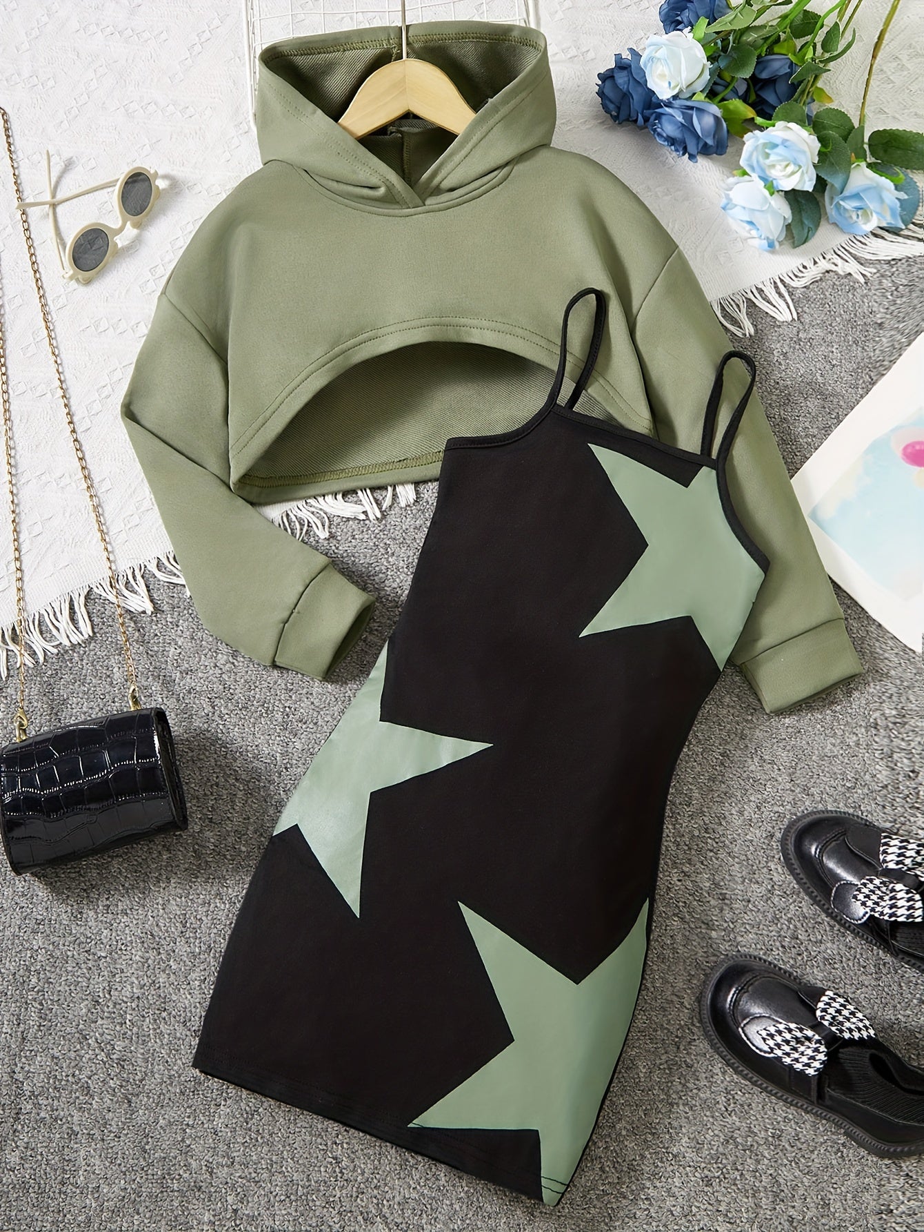 2-teiliges Set für Mädchen, Trägerkleid mit Sternen+ Überzugs-Kapuzenoberteil