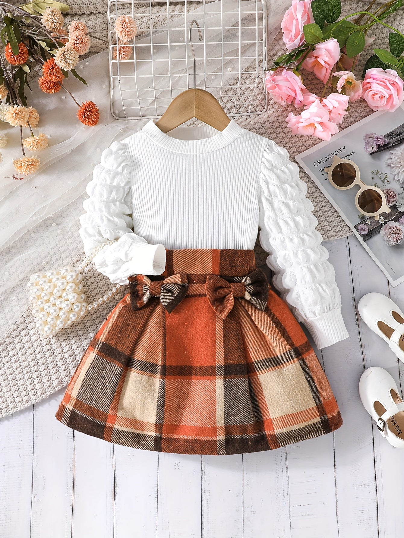 2-teiliges Set mit Puffärmeln, Oberteil und kariertem Rock – Winter-/Herbst Mädchen