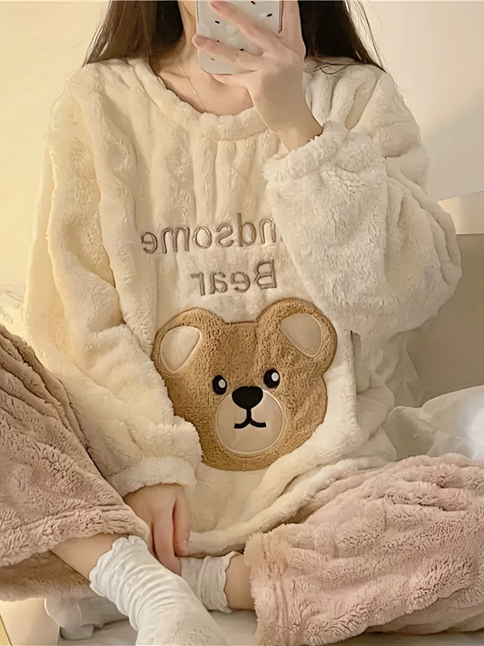 Gemütliches und süßes Fleece-Pyjama-Set mit Bärenmotiv für Teenager Mädchen