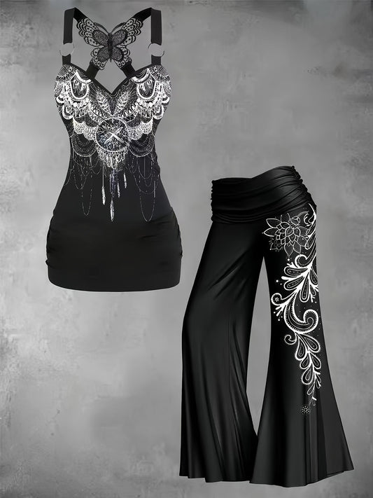 2-teiliges Set im ethnischen Stil, Tanktop mit Schmetterlingsrücken und Schlaghose