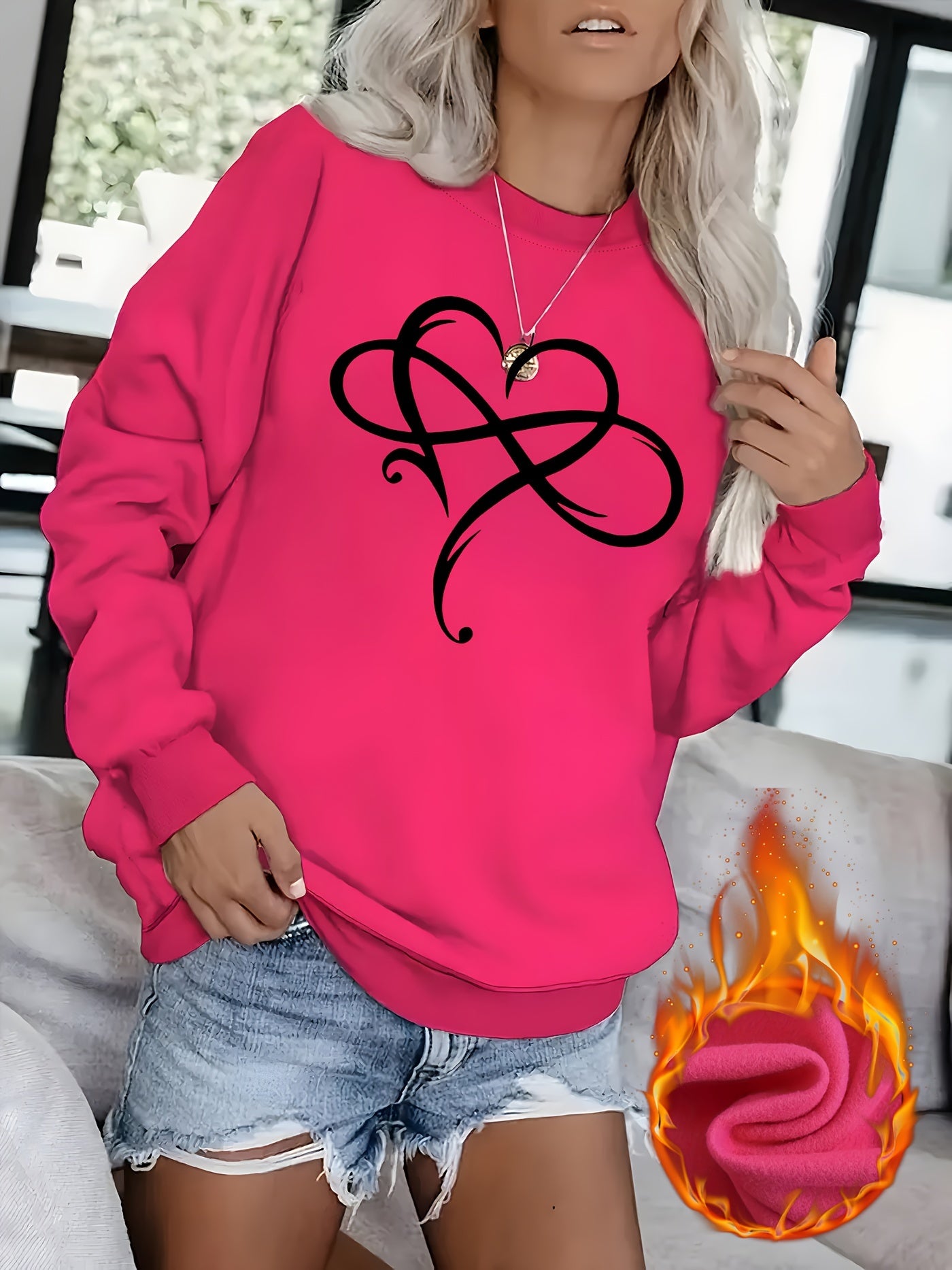 Elegantes Rundhals-Sweatshirt für Damen mit kreativem Herz-Design