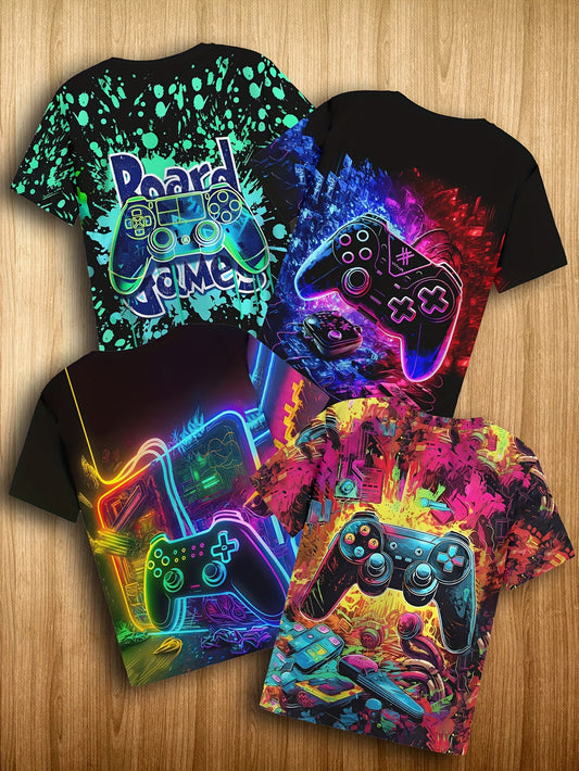 4-teiliges T-Shirt Set für Jungen mit 3D-Druck Game Controller, kurzärmlige T-Shirts