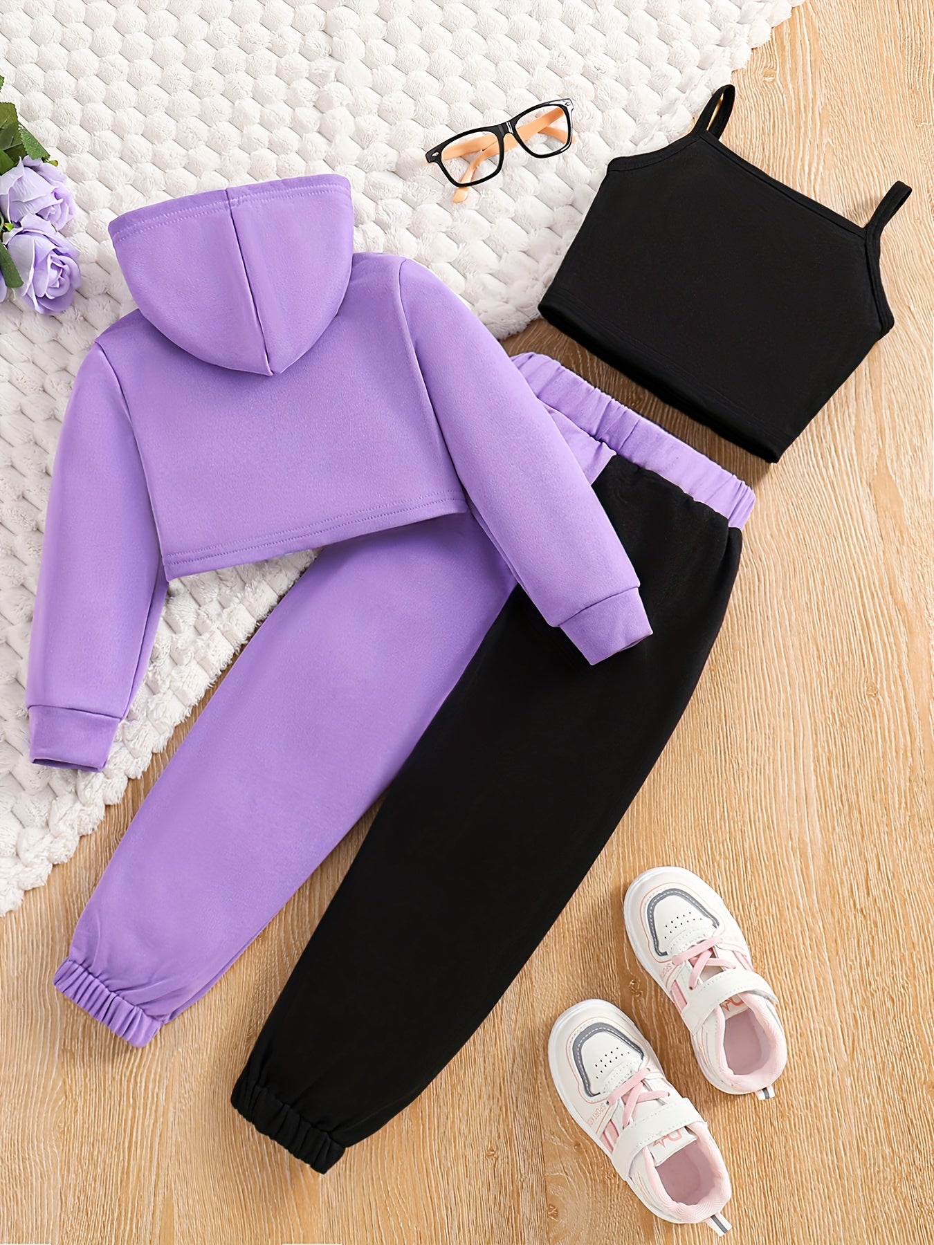 Trendy Outfits 3-teilig für Mädchen, Kapuzenpullover + Tanktop + Jogginghose