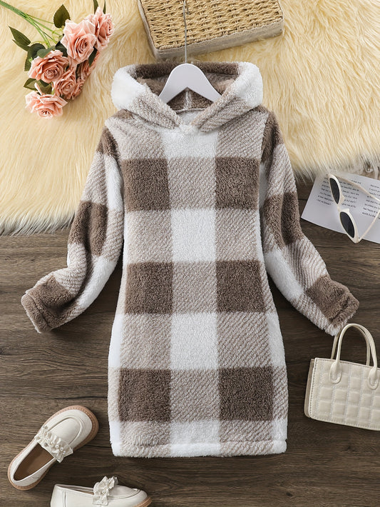 Kariertes Langarmkleid mit Kapuze für Mädchen, bequemes Kleid für Herbst und Winter