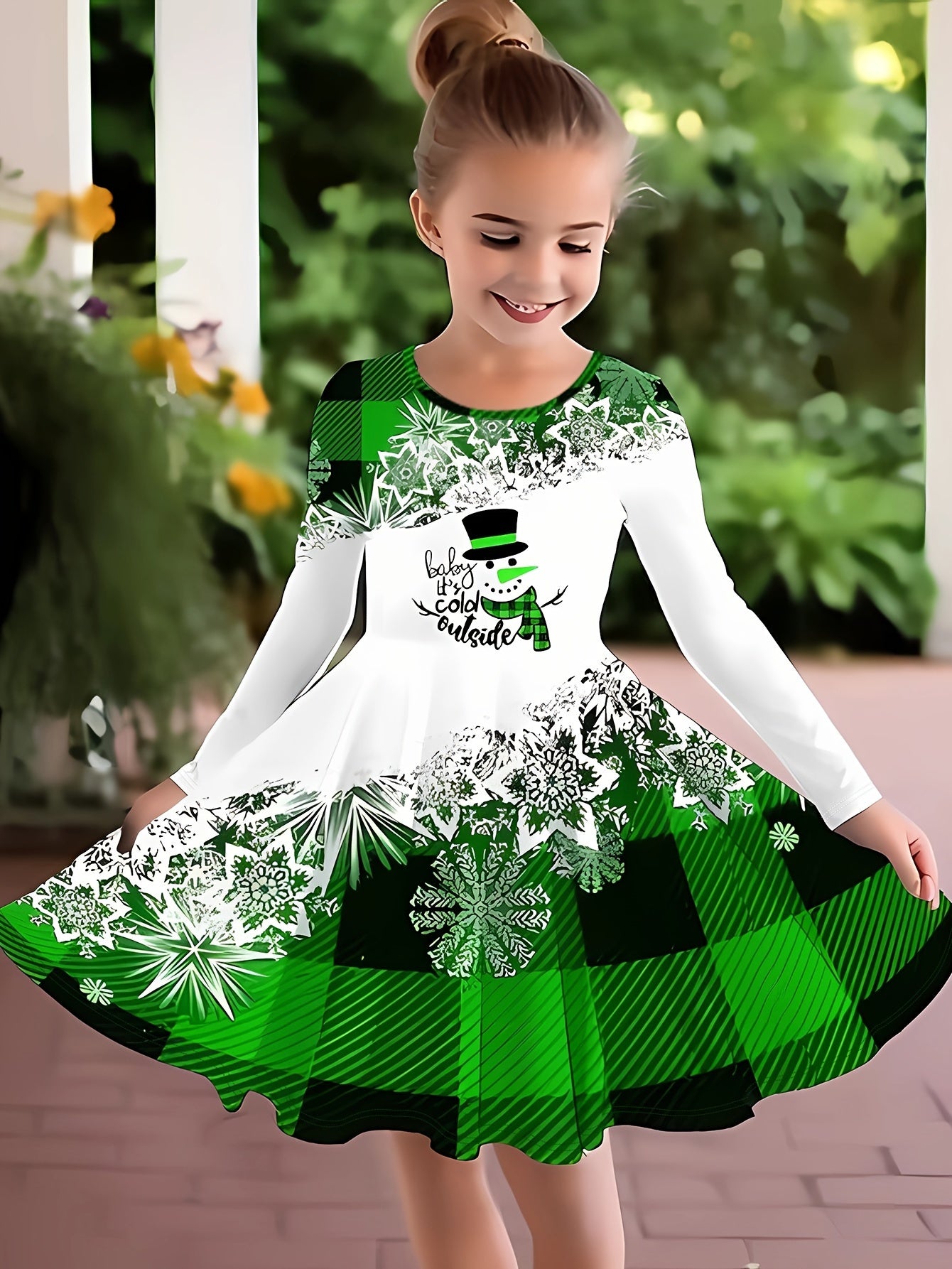 Spleißen Schneemann Langarm Kleid Mädchen Weihnachten / Prinzessin Herbst Winter