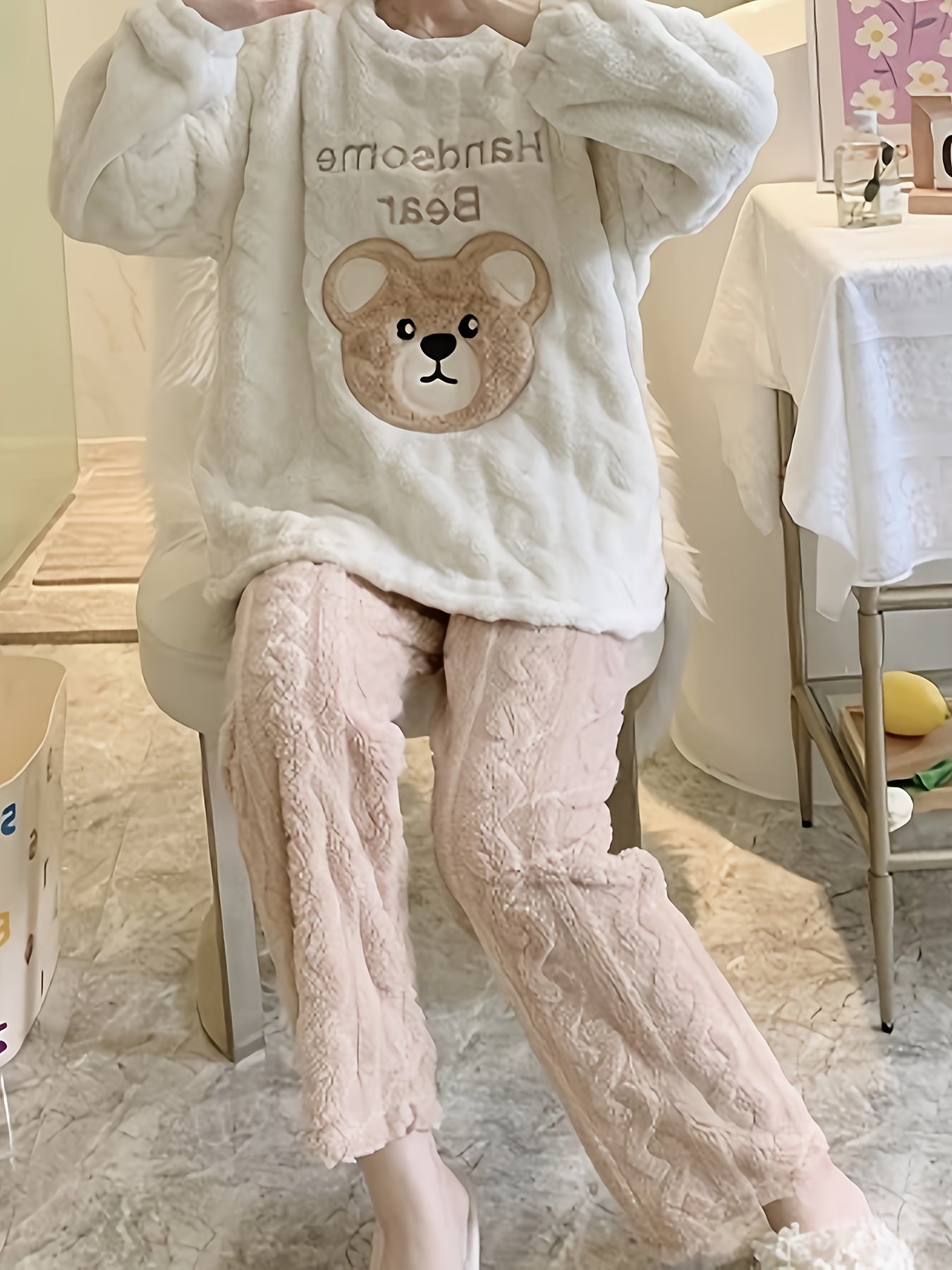 Gemütliches und süßes Fleece-Pyjama-Set mit Bärenmotiv für Teenager Mädchen