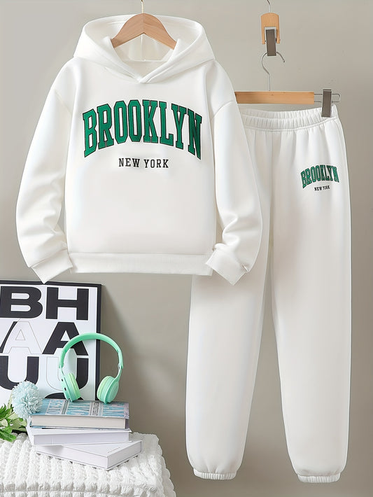 Brooklyn New York Hoodie- und Hosen-Set für Mädchen, lässiger Polyester-Strick