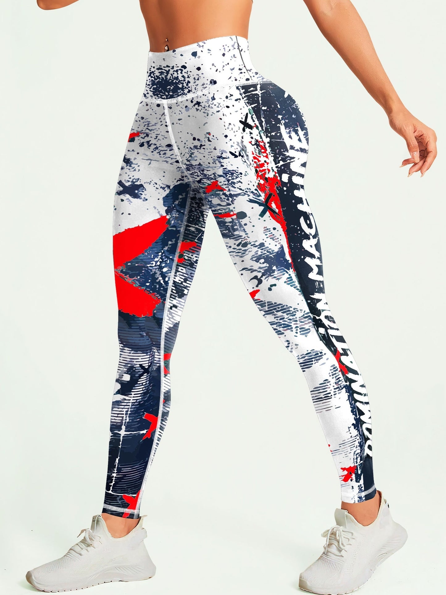 Yoga-Sport-Leggings mit hoher Taille, Farbblock-Graffiti-Design, Po-Lifting