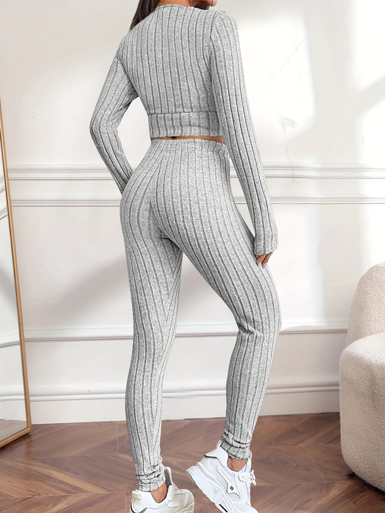 lässiges zweiteiliges Set, V-Ausschnitt, langärmeliges bauchfreies Top und Hose
