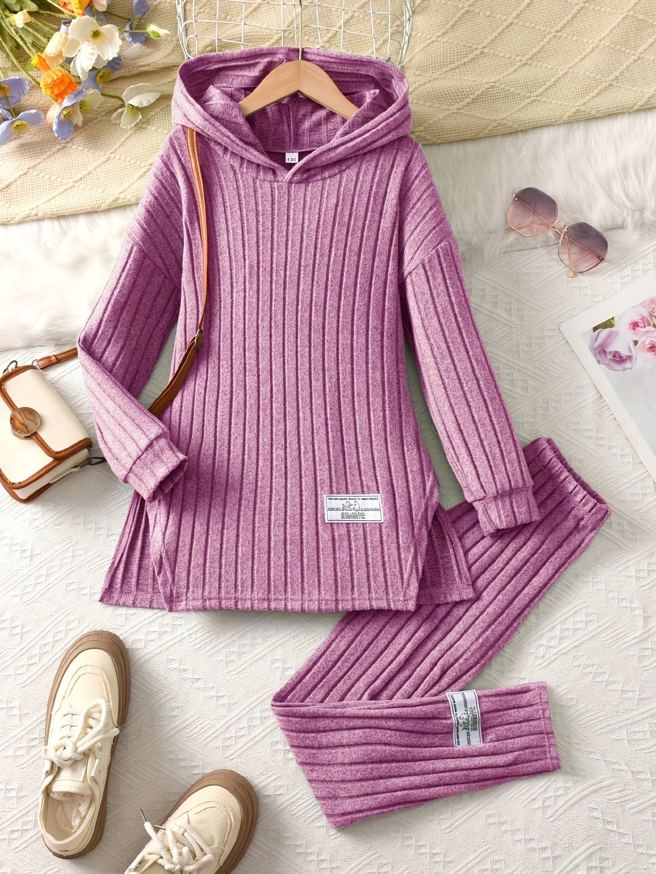 2-teiliges Set für Mädchen, Langarm-Kapuzenpullover und dehnbare Hose