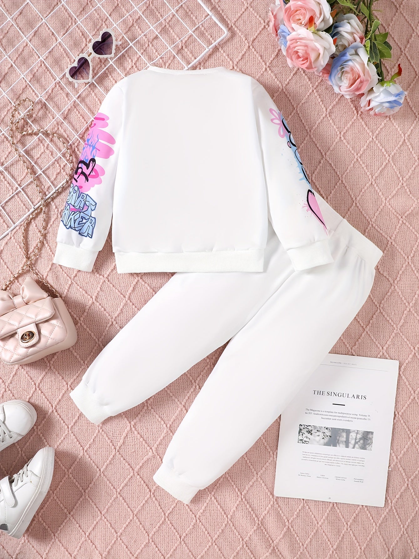 2-teiliges Set Langarm-Sweatshirt und Hose mit Graffiti-Herzen für Mädchen