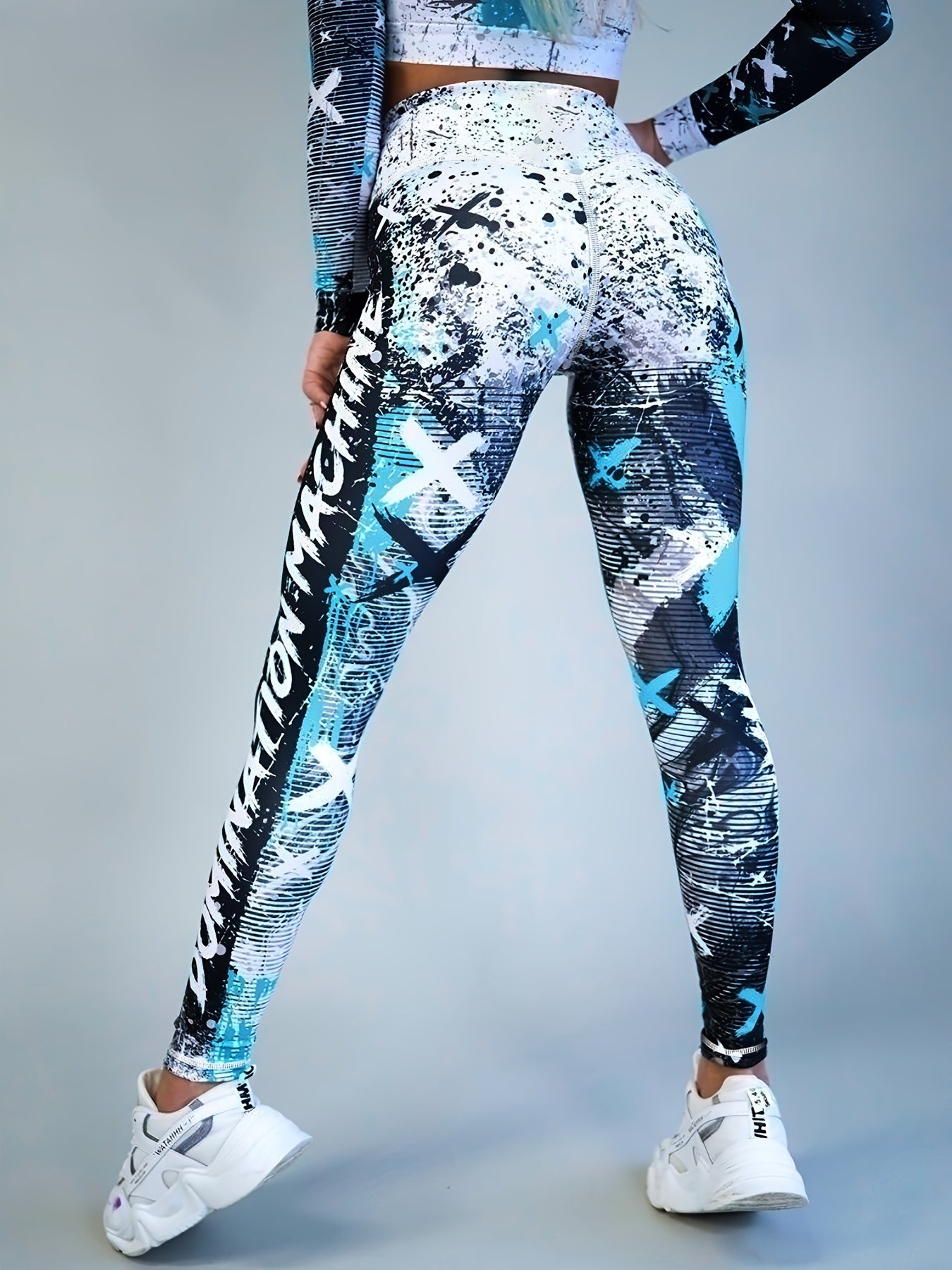 Yoga-Sport-Leggings mit hoher Taille, Farbblock-Graffiti-Design, Po-Lifting