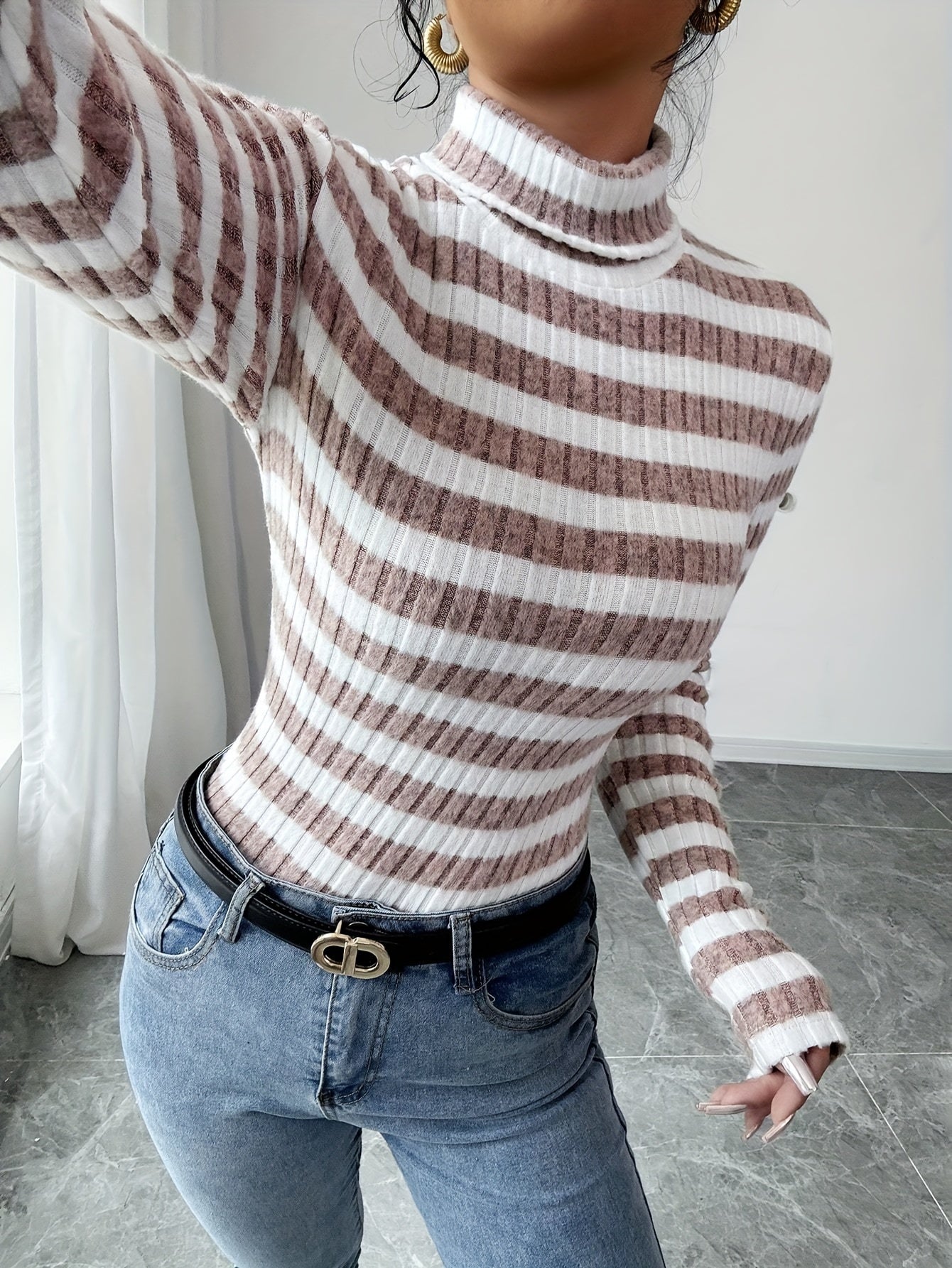 Rollkragenpullover aus Strick mit Streifenmuster für Damen
