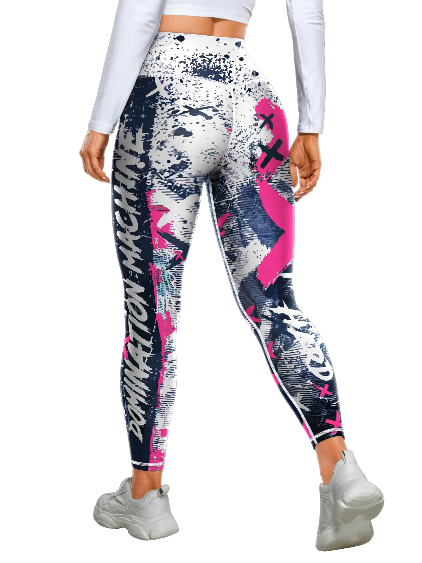 Yoga-Sport-Leggings mit hoher Taille, Farbblock-Graffiti-Design, Po-Lifting