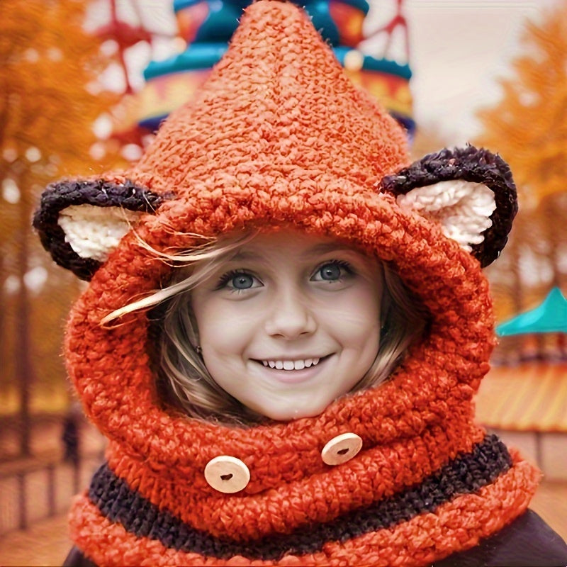 Gestrickte Kapuzenschalmütze mit Tiermotiven – 5-12 Jahre