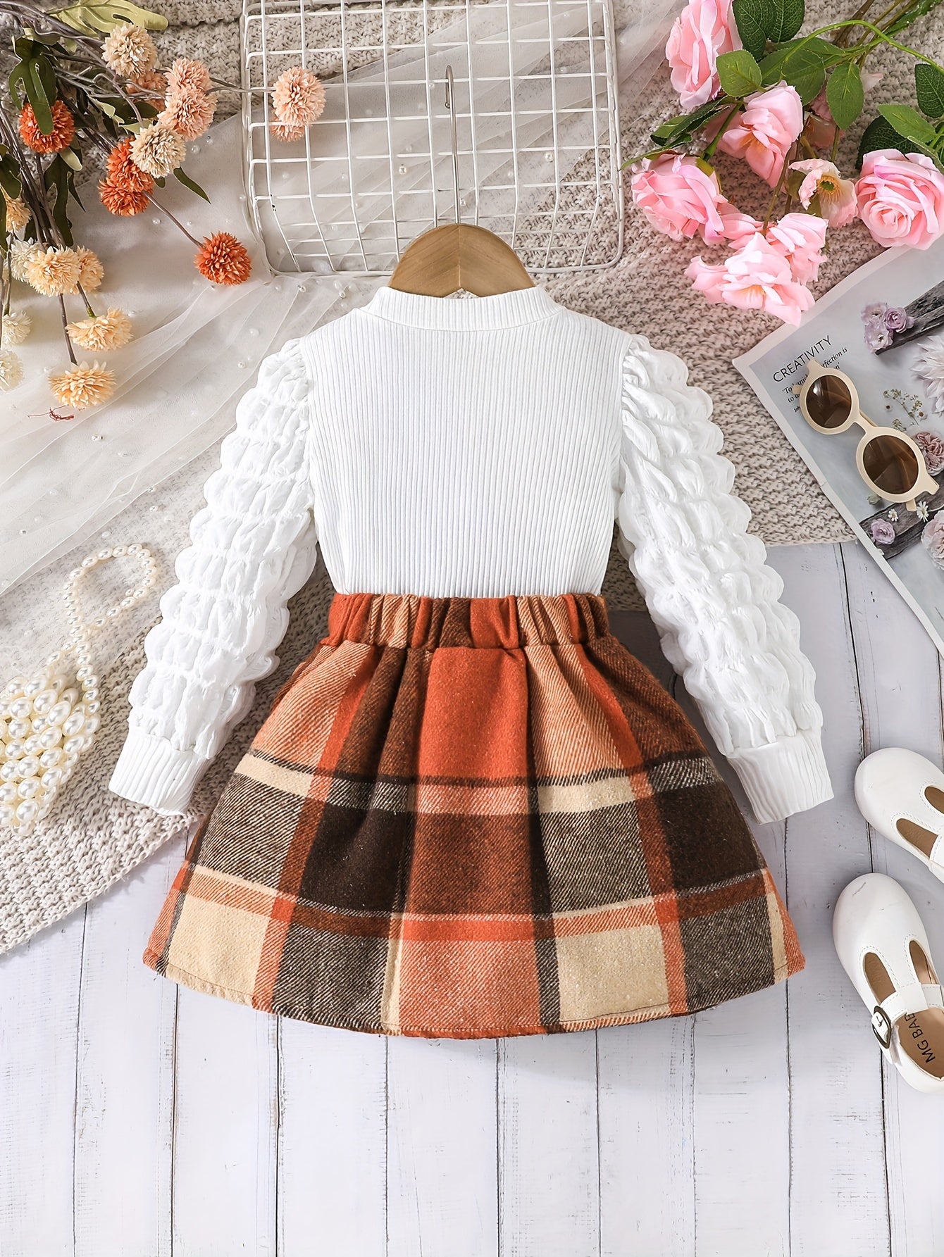 2-teiliges Set mit Puffärmeln, Oberteil und kariertem Rock – Winter-/Herbst Mädchen