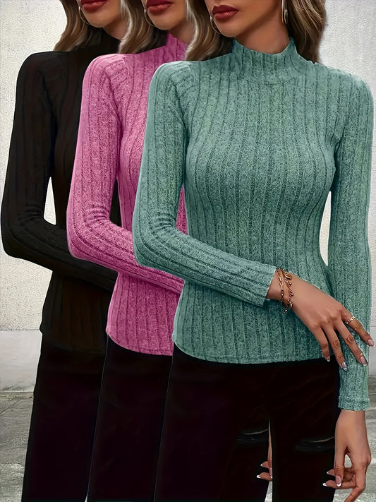 3er-Pack elegante Langarm-Shirts mit hohem Kragen für Damen