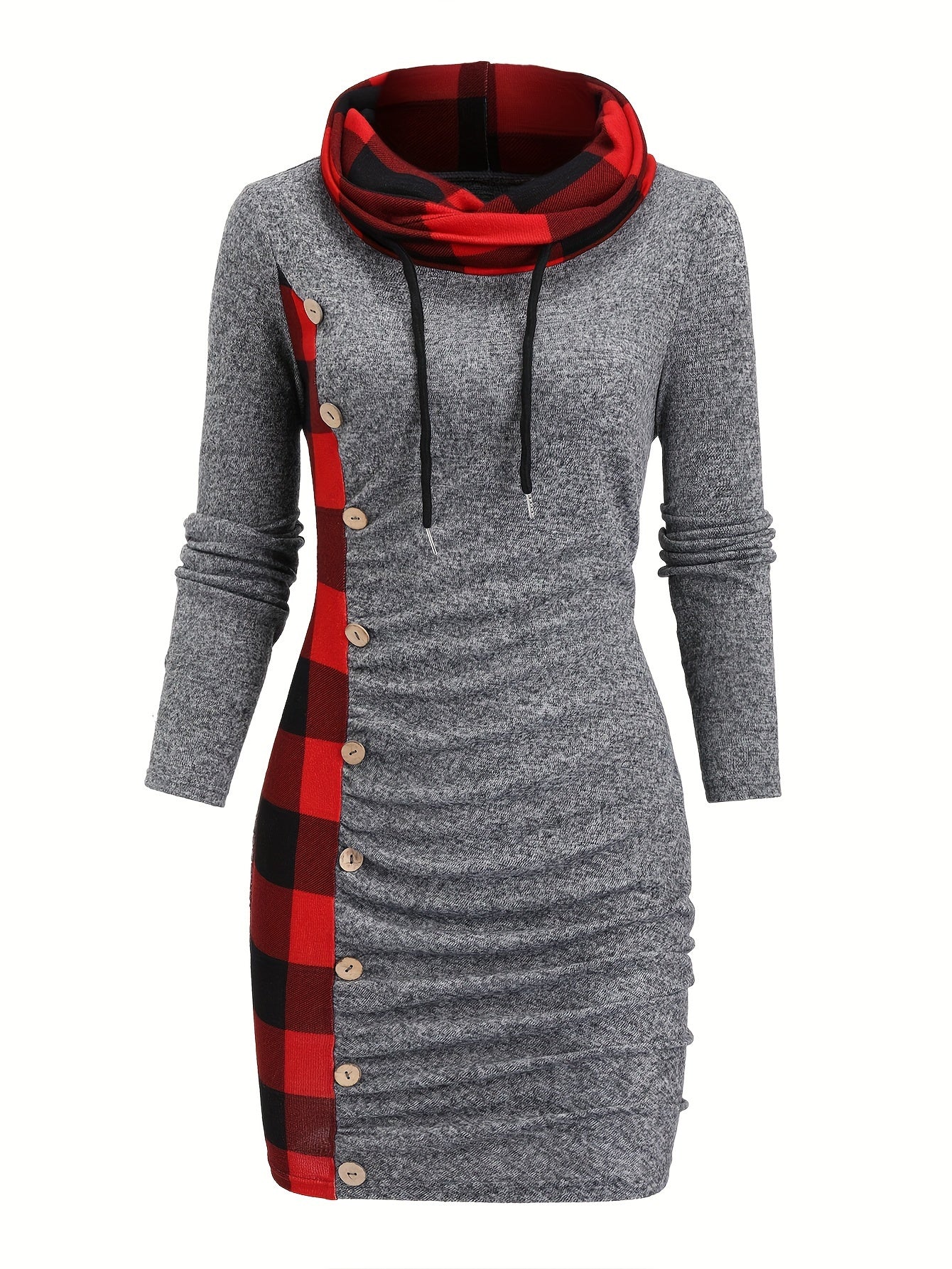 Langärmliges Kleid mit Karomuster, lässiges Kleid mit Knopfleiste