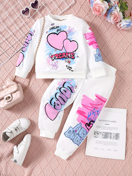 2-teiliges Set Langarm-Sweatshirt und Hose mit Graffiti-Herzen für Mädchen